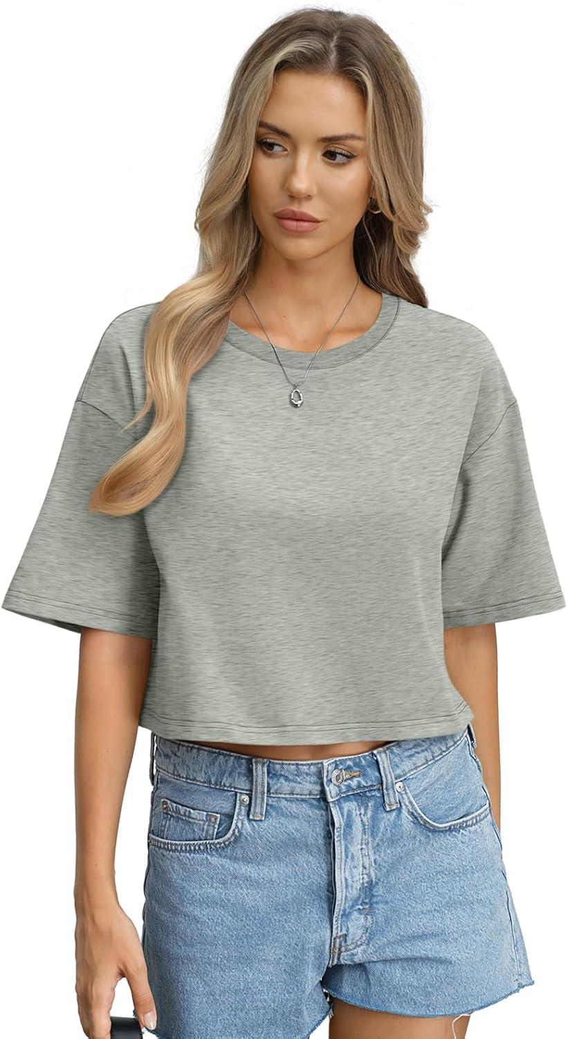 image:imageWomens Cotton Boxy Crop Tops Drop Shoulder Loose Fit TShirts Short Sleeve Crewneck Tees Summer Casual ClothesGrey