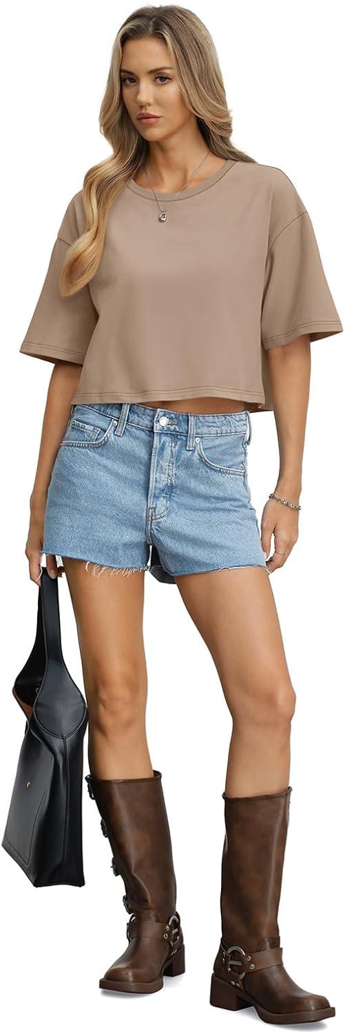 image:imageWomens Cotton Boxy Crop Tops Drop Shoulder Loose Fit TShirts Short Sleeve Crewneck Tees Summer Casual ClothesKhaki