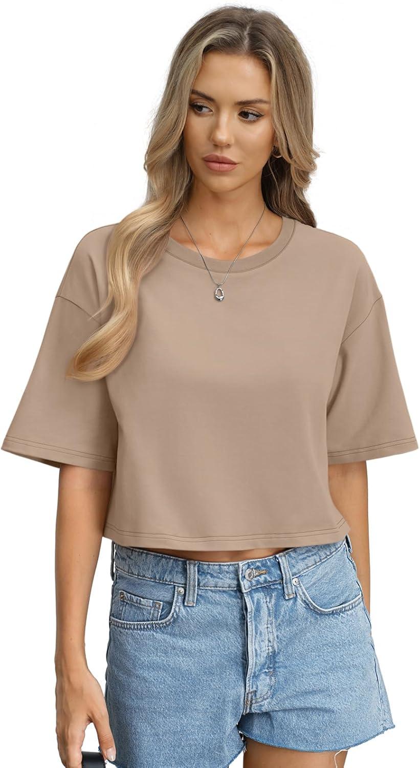 image:imageWomens Cotton Boxy Crop Tops Drop Shoulder Loose Fit TShirts Short Sleeve Crewneck Tees Summer Casual ClothesKhaki
