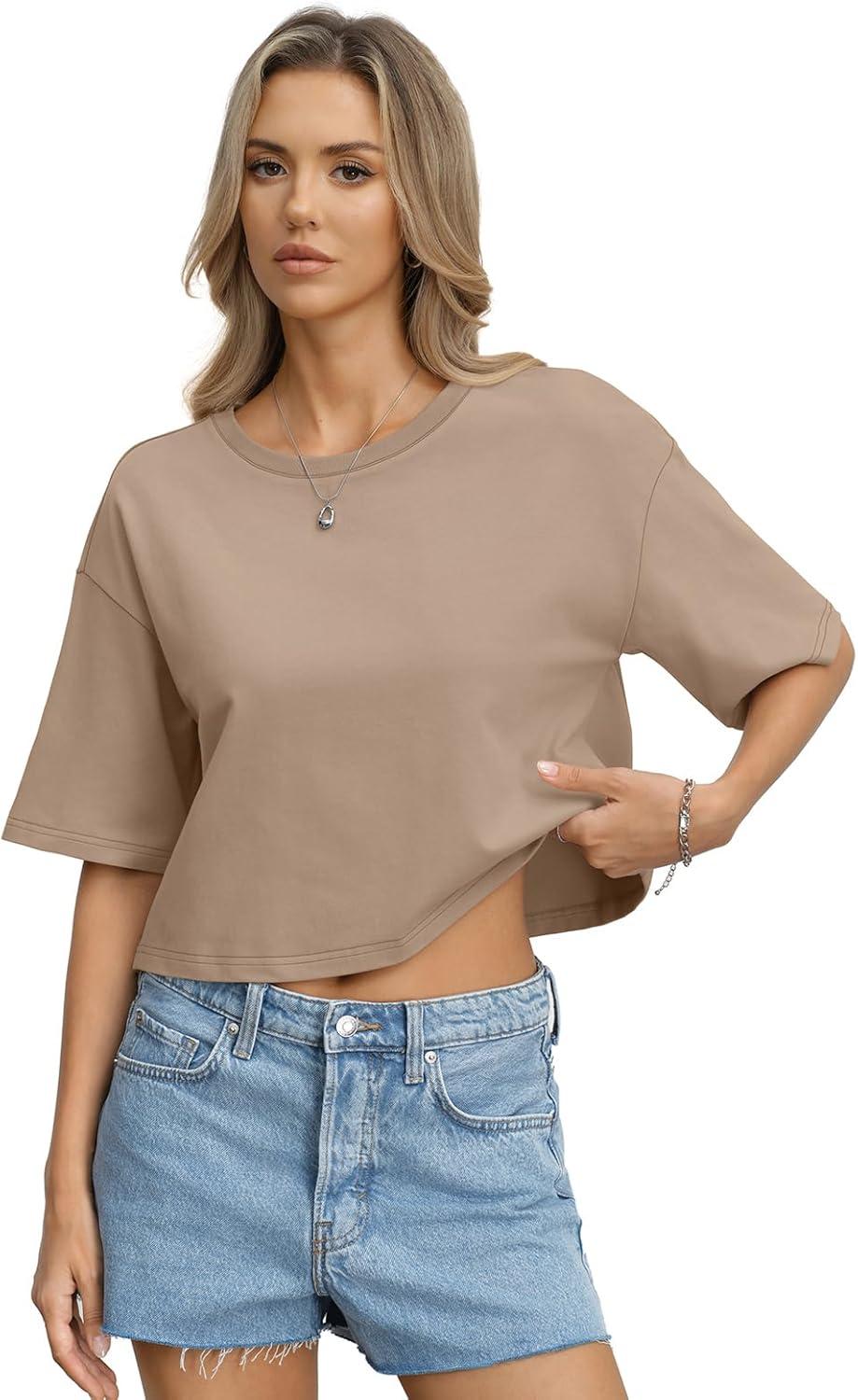 image:imageWomens Cotton Boxy Crop Tops Drop Shoulder Loose Fit TShirts Short Sleeve Crewneck Tees Summer Casual ClothesKhaki