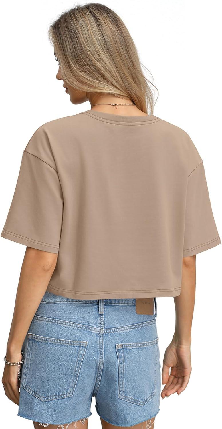 image:imageWomens Cotton Boxy Crop Tops Drop Shoulder Loose Fit TShirts Short Sleeve Crewneck Tees Summer Casual ClothesKhaki