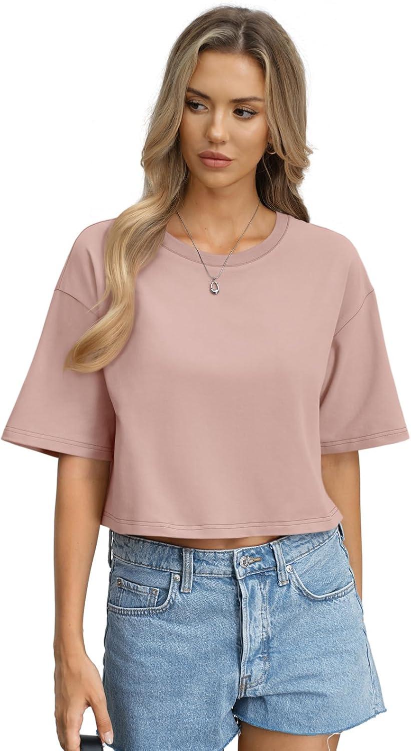 image:imageWomens Cotton Boxy Crop Tops Drop Shoulder Loose Fit TShirts Short Sleeve Crewneck Tees Summer Casual ClothesPink