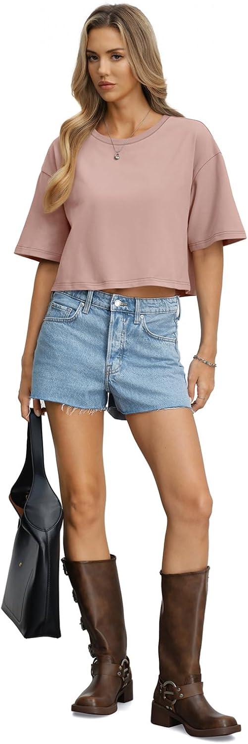 image:imageWomens Cotton Boxy Crop Tops Drop Shoulder Loose Fit TShirts Short Sleeve Crewneck Tees Summer Casual ClothesPink