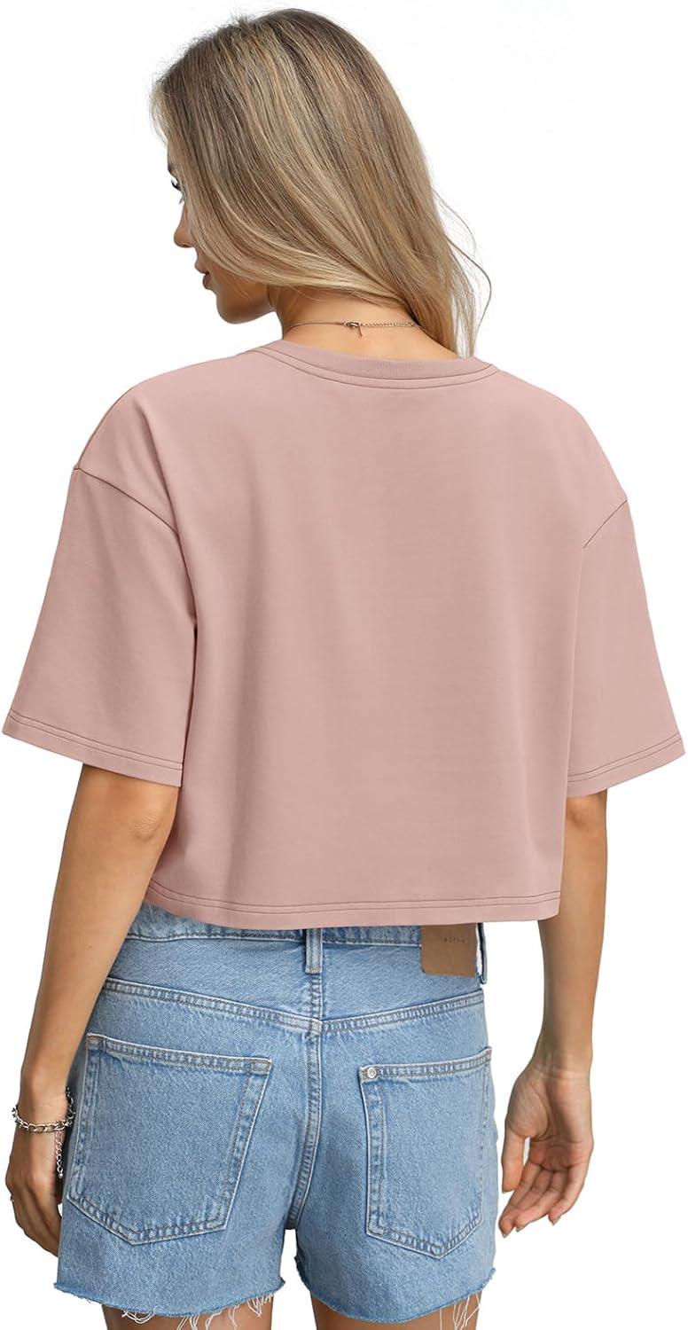 image:imageWomens Cotton Boxy Crop Tops Drop Shoulder Loose Fit TShirts Short Sleeve Crewneck Tees Summer Casual ClothesPink