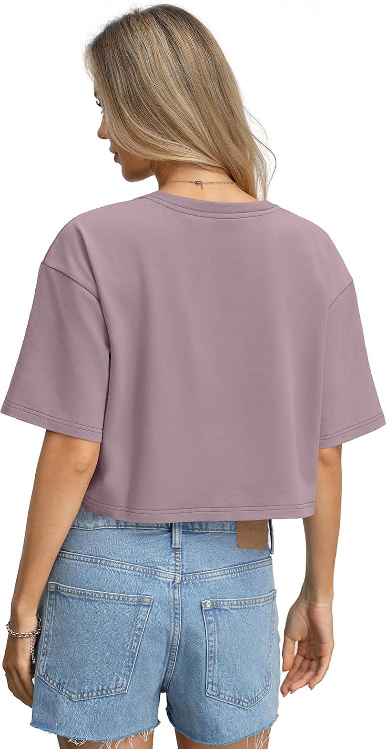 image:imageWomens Cotton Boxy Crop Tops Drop Shoulder Loose Fit TShirts Short Sleeve Crewneck Tees Summer Casual ClothesPurple