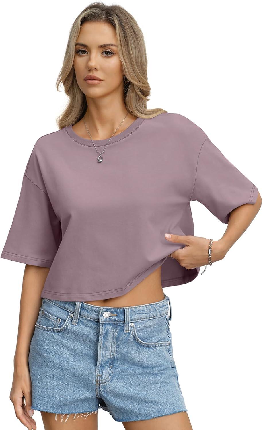 image:imageWomens Cotton Boxy Crop Tops Drop Shoulder Loose Fit TShirts Short Sleeve Crewneck Tees Summer Casual ClothesPurple