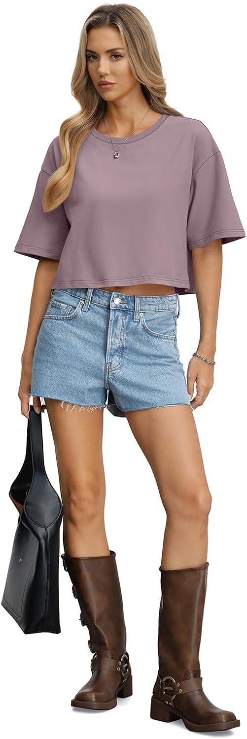 image:imageWomens Cotton Boxy Crop Tops Drop Shoulder Loose Fit TShirts Short Sleeve Crewneck Tees Summer Casual ClothesPurple