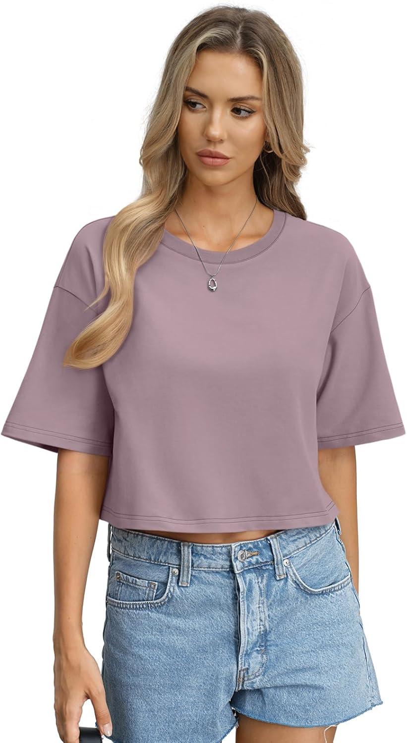 image:imageWomens Cotton Boxy Crop Tops Drop Shoulder Loose Fit TShirts Short Sleeve Crewneck Tees Summer Casual ClothesPurple