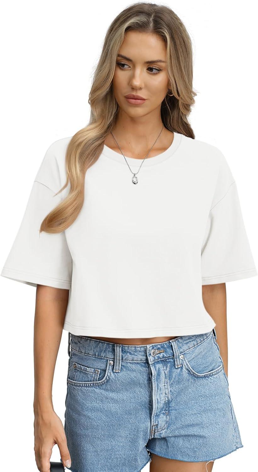 image:imageWomens Cotton Boxy Crop Tops Drop Shoulder Loose Fit TShirts Short Sleeve Crewneck Tees Summer Casual ClothesWhite