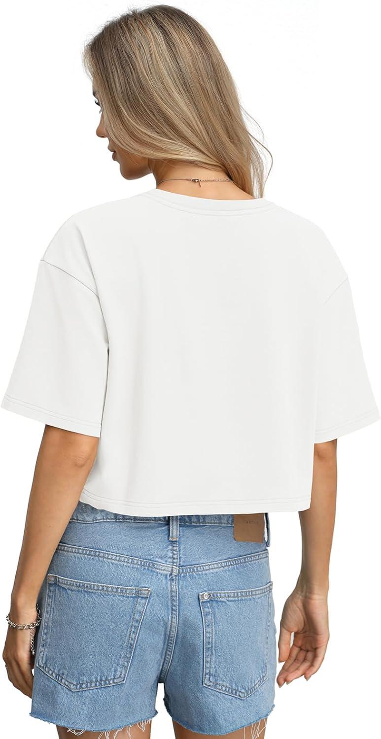 image:imageWomens Cotton Boxy Crop Tops Drop Shoulder Loose Fit TShirts Short Sleeve Crewneck Tees Summer Casual ClothesWhite