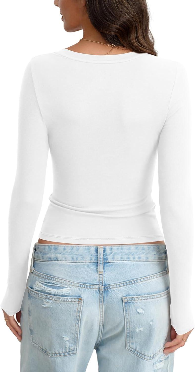 image:imageWomens Cotton Long Sleeve Henley Shirts Sexy Scoop Neck Basic Tops Slim Fit Tshirts Spring Fashion Outfits 2026True White