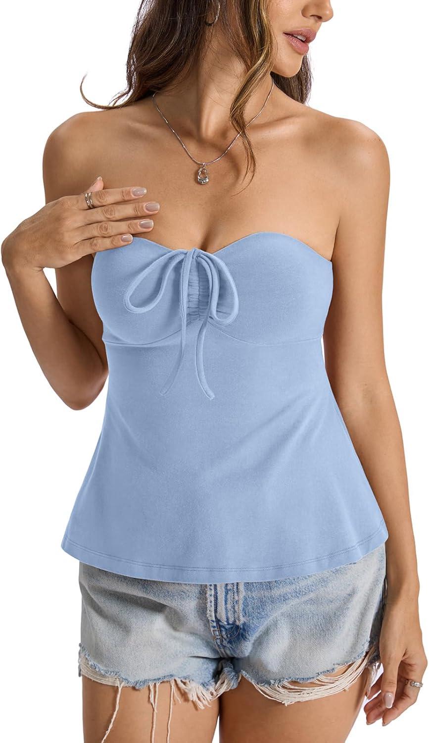 image:imageWomens Cotton Tube Tops Tie Front Ruched Strapless Tank Cute Babydoll Bandeau Top Sexy Crop Going Out OutfitBaby Blue