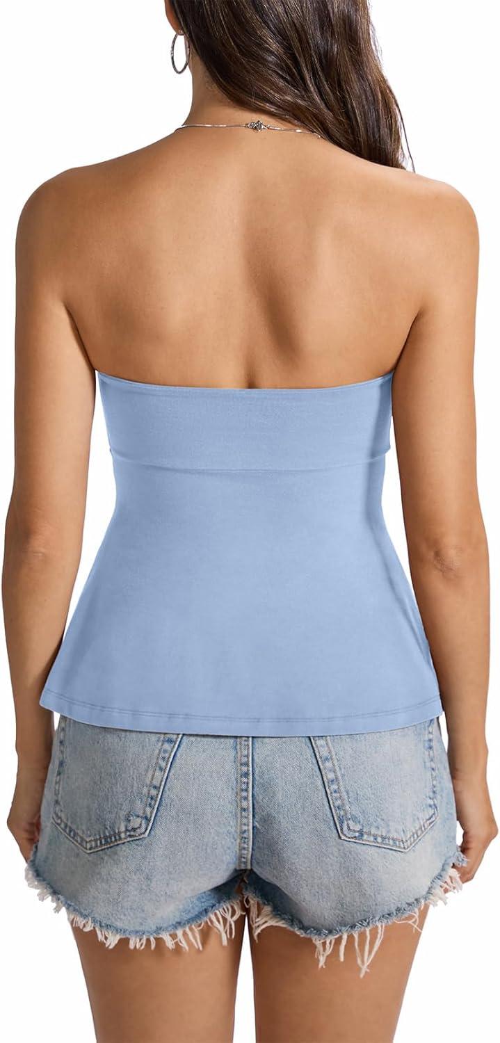 image:imageWomens Cotton Tube Tops Tie Front Ruched Strapless Tank Cute Babydoll Bandeau Top Sexy Crop Going Out OutfitBaby Blue