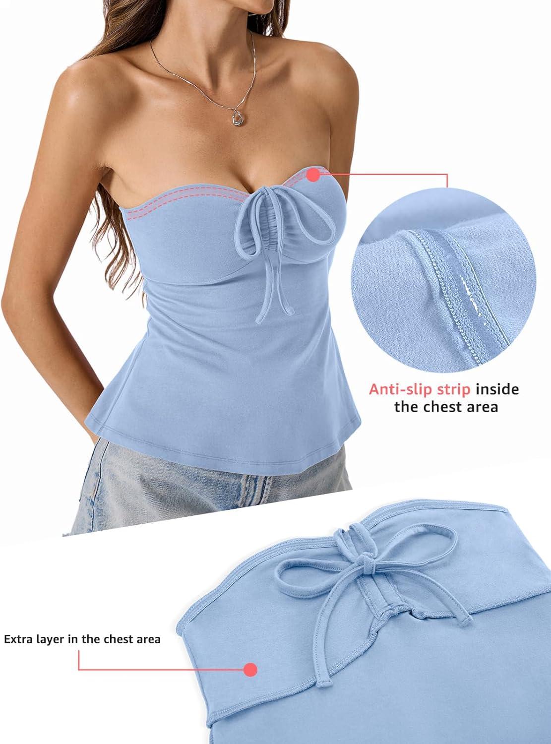 image:imageWomens Cotton Tube Tops Tie Front Ruched Strapless Tank Cute Babydoll Bandeau Top Sexy Crop Going Out OutfitBaby Blue