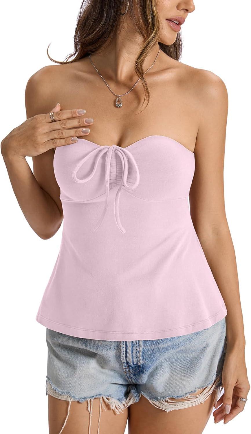 image:imageWomens Cotton Tube Tops Tie Front Ruched Strapless Tank Cute Babydoll Bandeau Top Sexy Crop Going Out OutfitBaby Pink