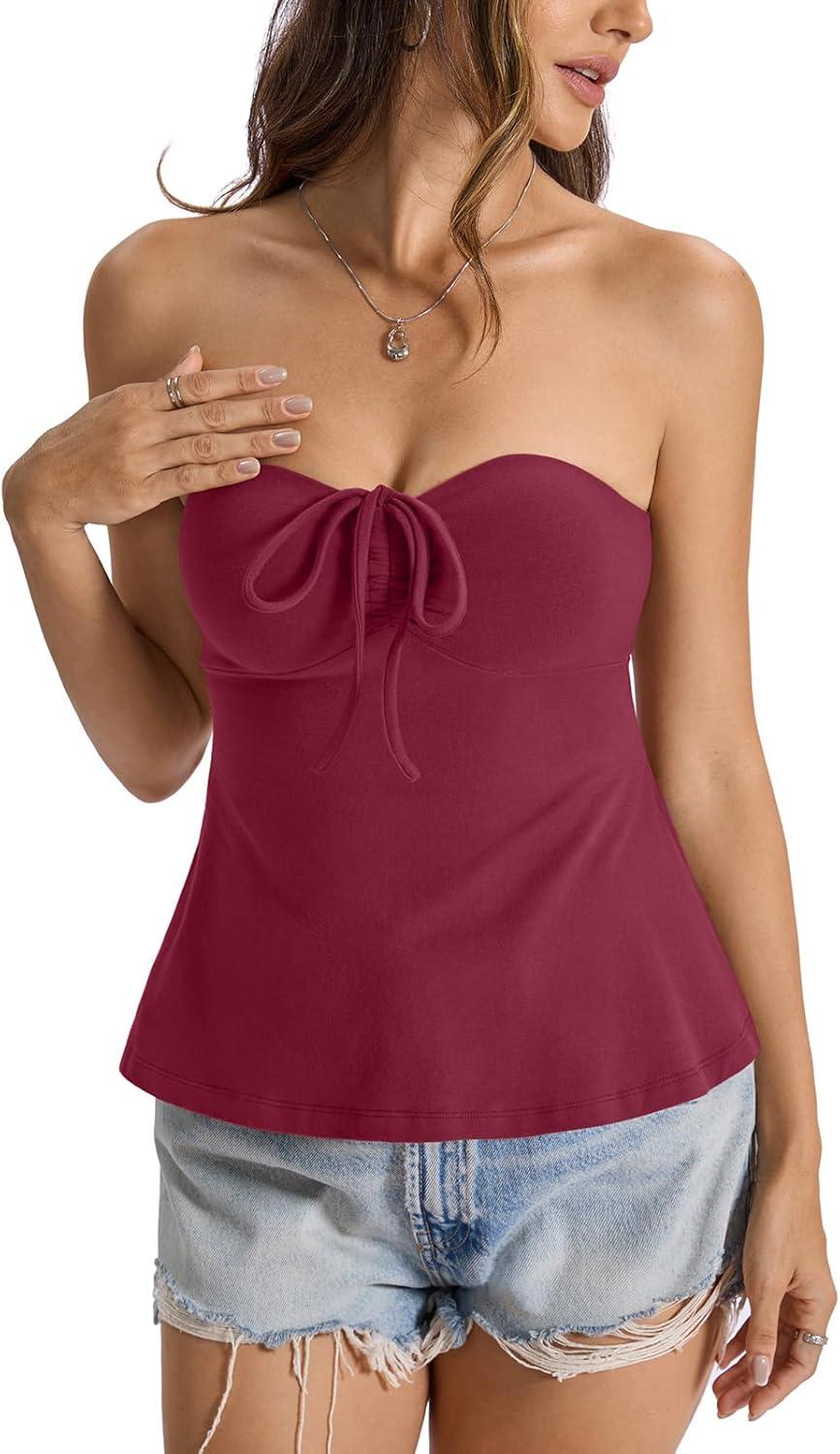 image:imageWomens Cotton Tube Tops Tie Front Ruched Strapless Tank Cute Babydoll Bandeau Top Sexy Crop Going Out OutfitMagenta