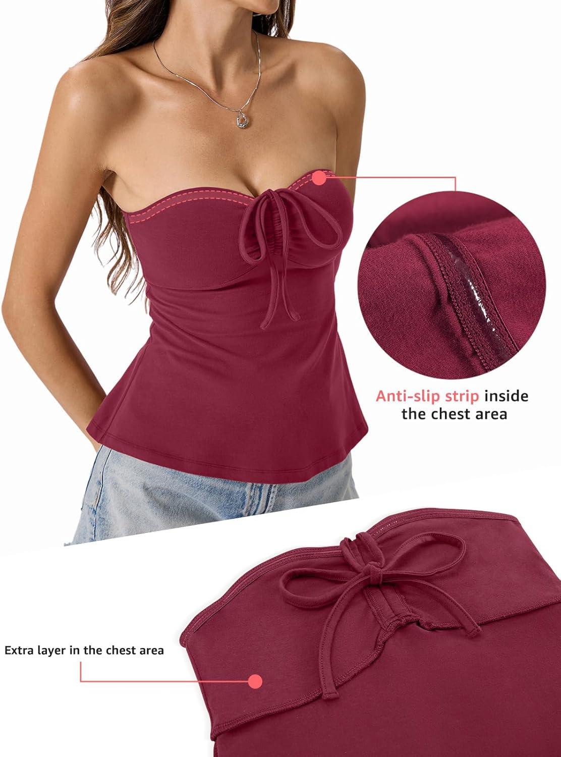 image:imageWomens Cotton Tube Tops Tie Front Ruched Strapless Tank Cute Babydoll Bandeau Top Sexy Crop Going Out OutfitMagenta
