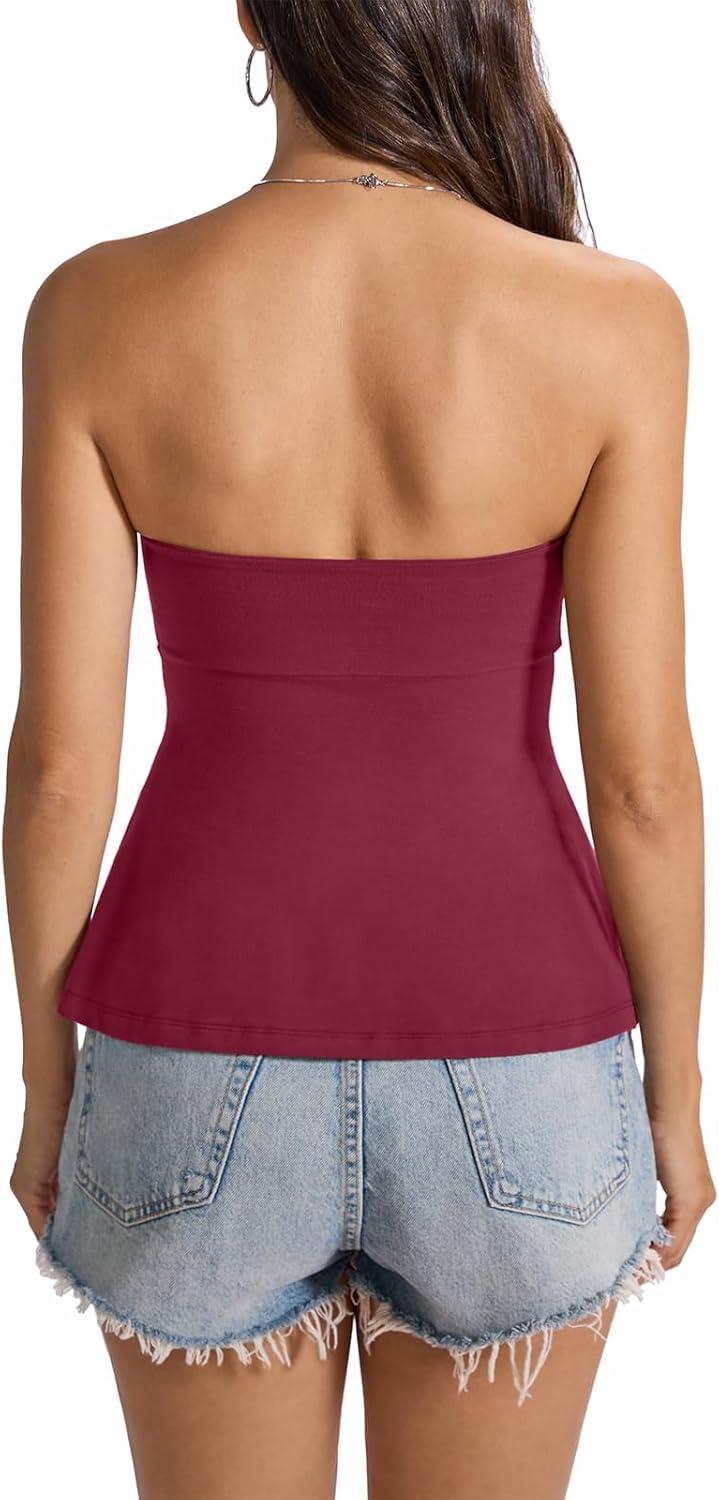 image:imageWomens Cotton Tube Tops Tie Front Ruched Strapless Tank Cute Babydoll Bandeau Top Sexy Crop Going Out OutfitMagenta