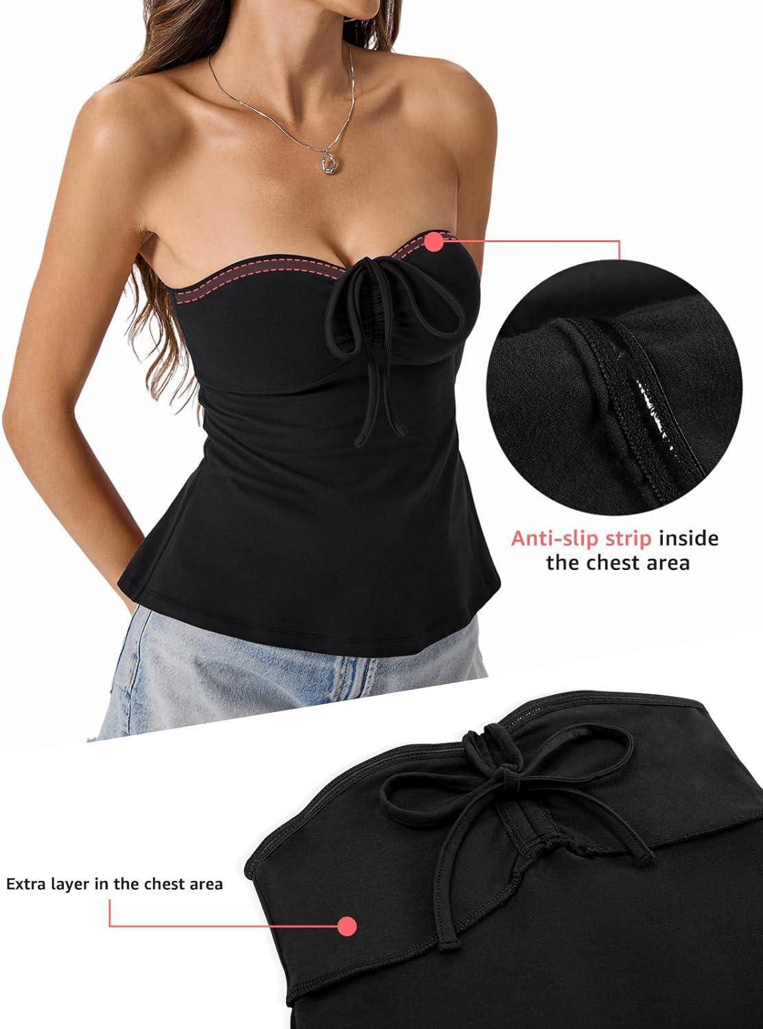 image:imageWomens Cotton Tube Tops Tie Front Ruched Strapless Tank Cute Babydoll Bandeau Top Sexy Crop Going Out OutfitTrue Black