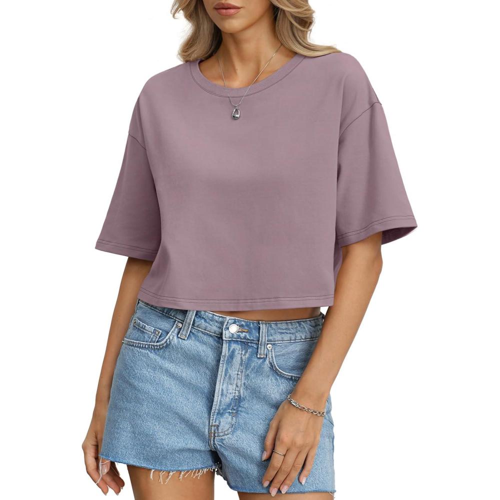 image:imageWomens Cotton Boxy Crop Tops Drop Shoulder Loose Fit TShirts Short Sleeve Crewneck Tees Summer Casual ClothesPurple