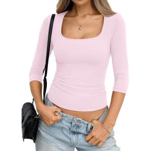 Womens Cotton 3/4 Length Sleeve Shirts Square Neck Y2K Tee Basic Slim Fit Going Out Tops Spring Fashion Clothes(Baby Pink)