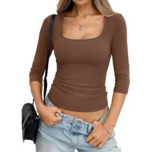 Womens Cotton 3/4 Length Sleeve Shirts Square Neck Y2K Tee Basic Slim Fit Going Out Tops Spring Fashion Clothes(Brown)