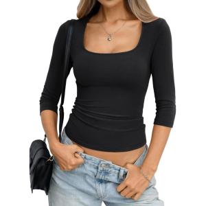 Womens Cotton 3/4 Length Sleeve Shirts Square Neck Y2K Tee Basic Slim Fit Going Out Tops Spring Fashion Clothes(True Black)