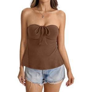 Womens Cotton Tube Tops Tie Front Ruched Strapless Tank Cute Babydoll Bandeau Top Sexy Crop Going Out Outfit(Brown)
