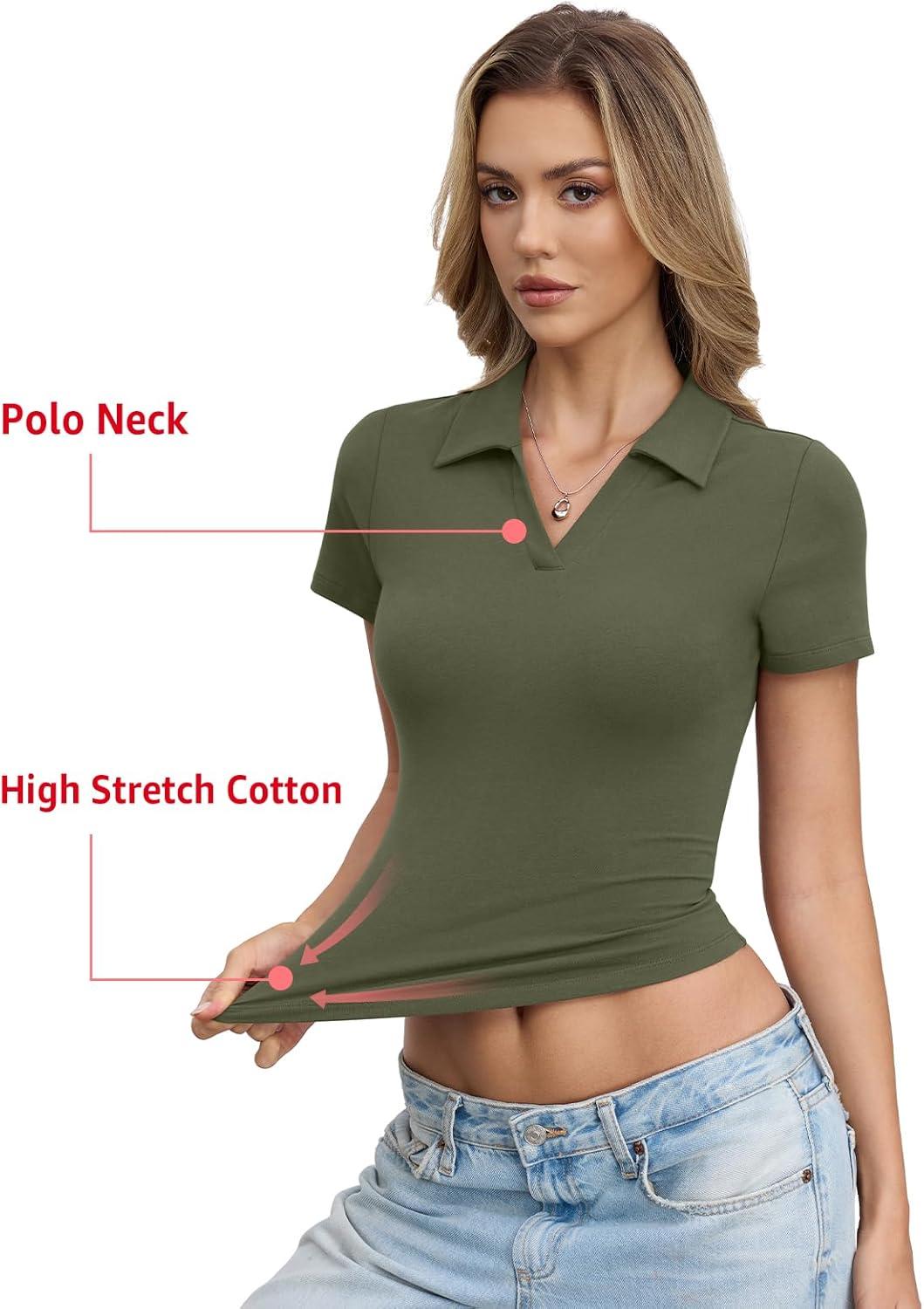 image:imageWomens Cotton Polo Shirts Short Sleeve V Neck Baby Tee Summer Going Out Tops Collared Business Casual OutfitsArmy Green