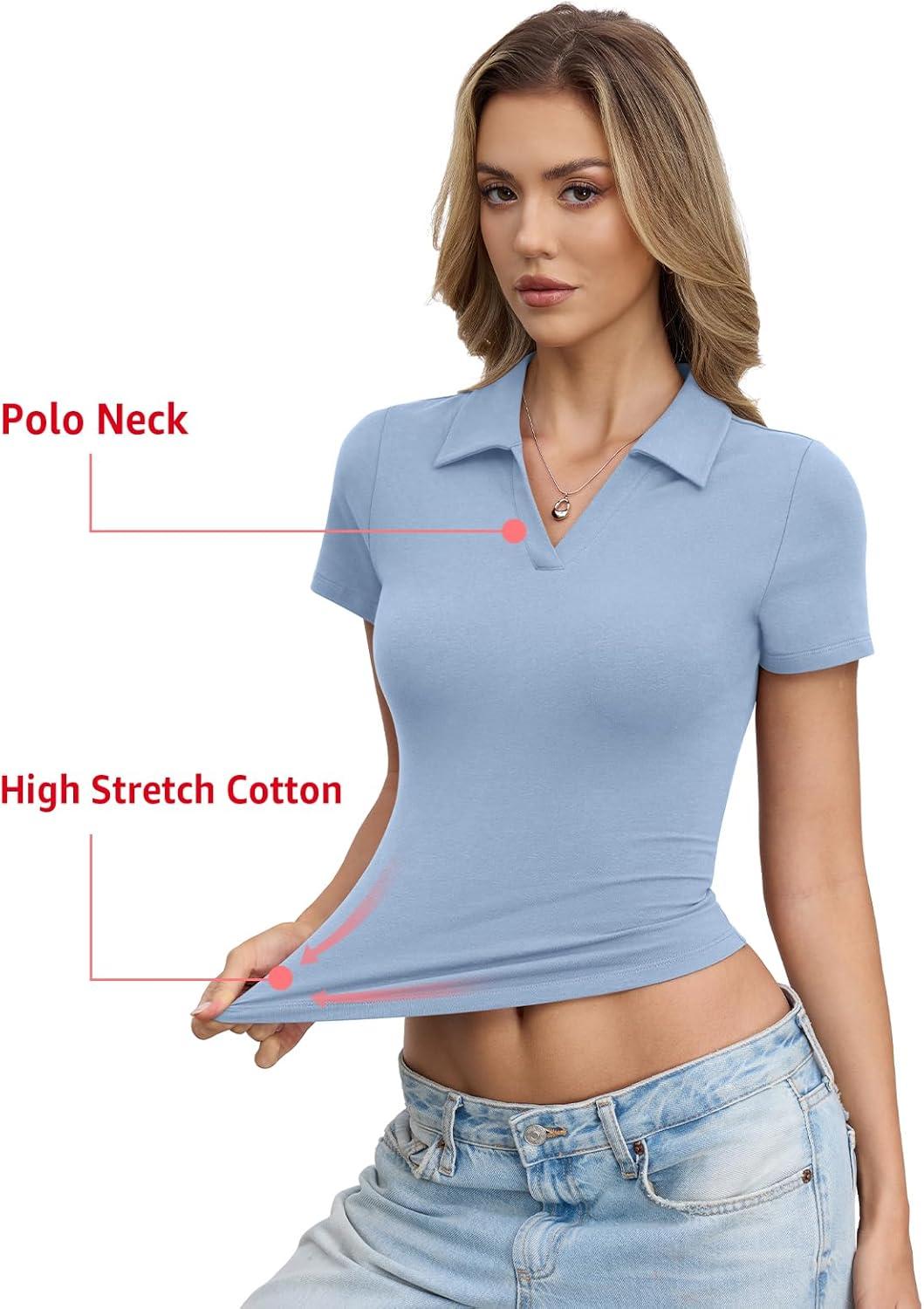 image:imageWomens Cotton Polo Shirts Short Sleeve V Neck Baby Tee Summer Going Out Tops Collared Business Casual OutfitsBaby Blue