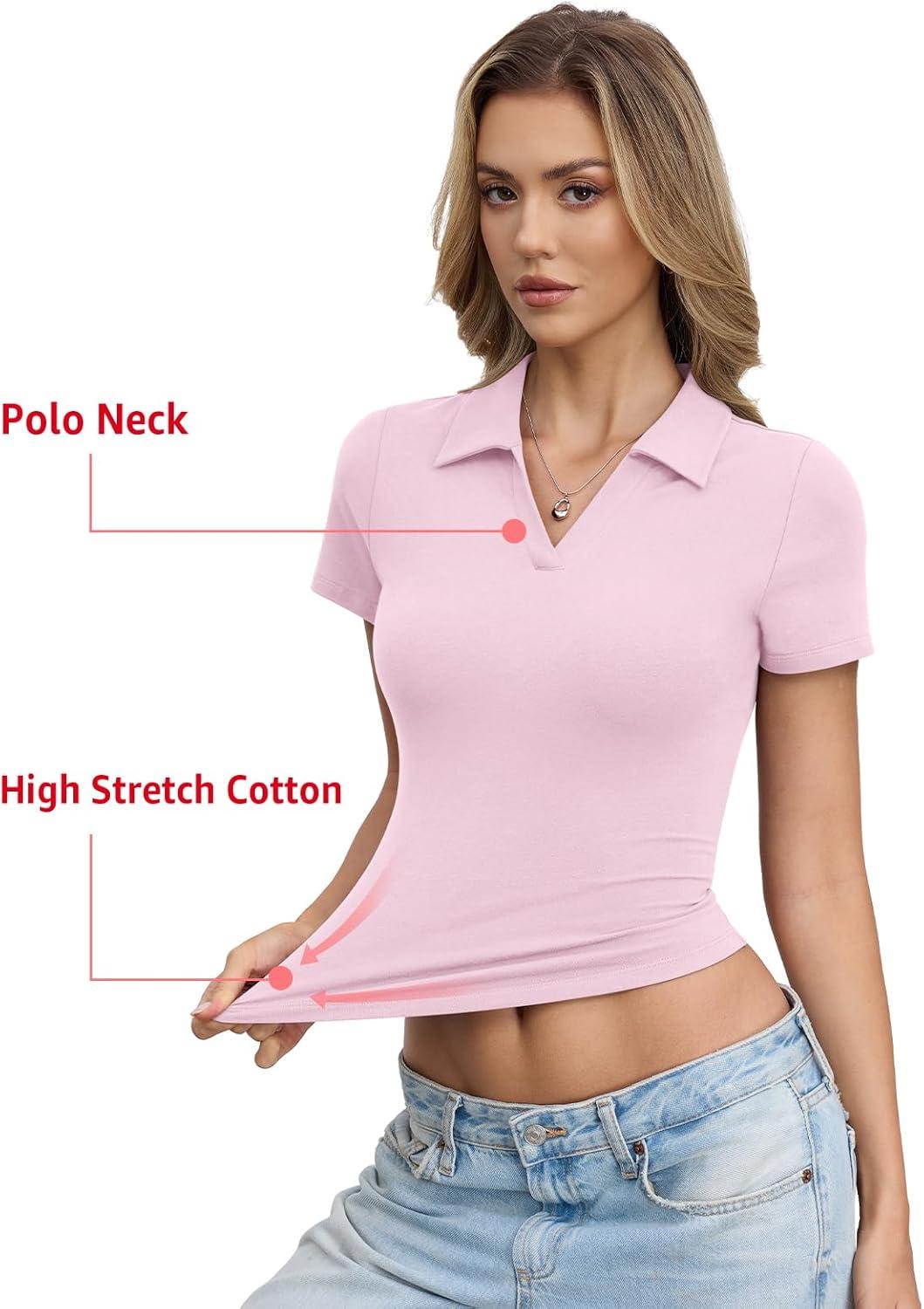 image:imageWomens Cotton Polo Shirts Short Sleeve V Neck Baby Tee Summer Going Out Tops Collared Business Casual OutfitsBaby Pink