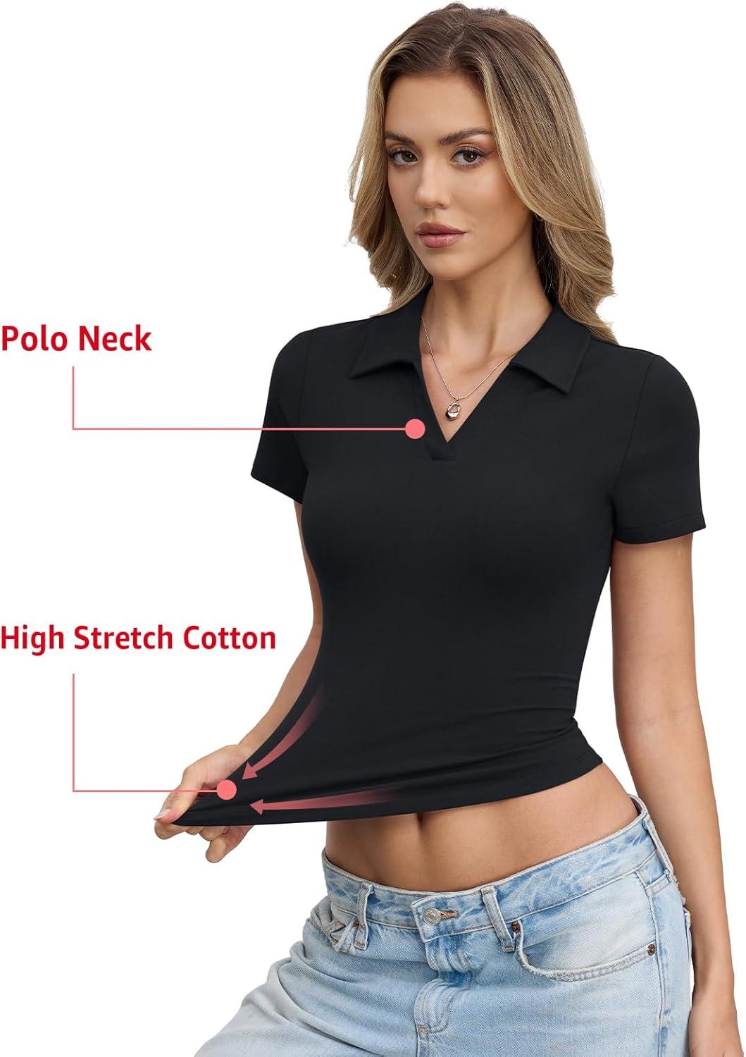 image:imageWomens Cotton Polo Shirts Short Sleeve V Neck Baby Tee Summer Going Out Tops Collared Business Casual OutfitsBlack
