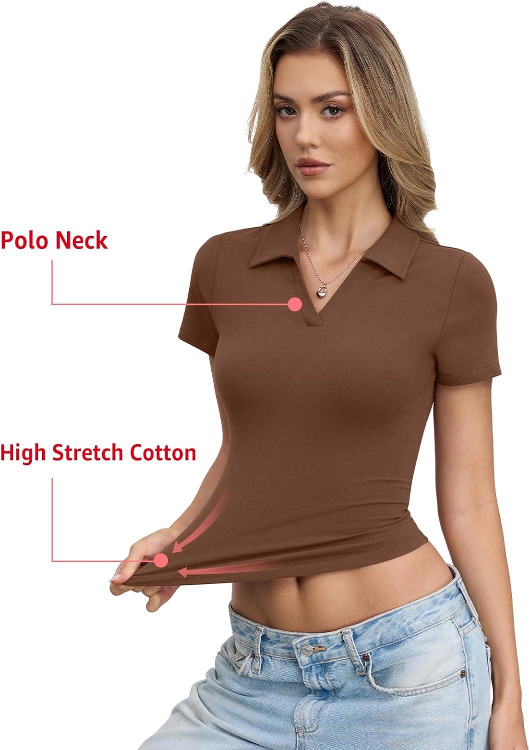 image:imageWomens Cotton Polo Shirts Short Sleeve V Neck Baby Tee Summer Going Out Tops Collared Business Casual OutfitsBrown