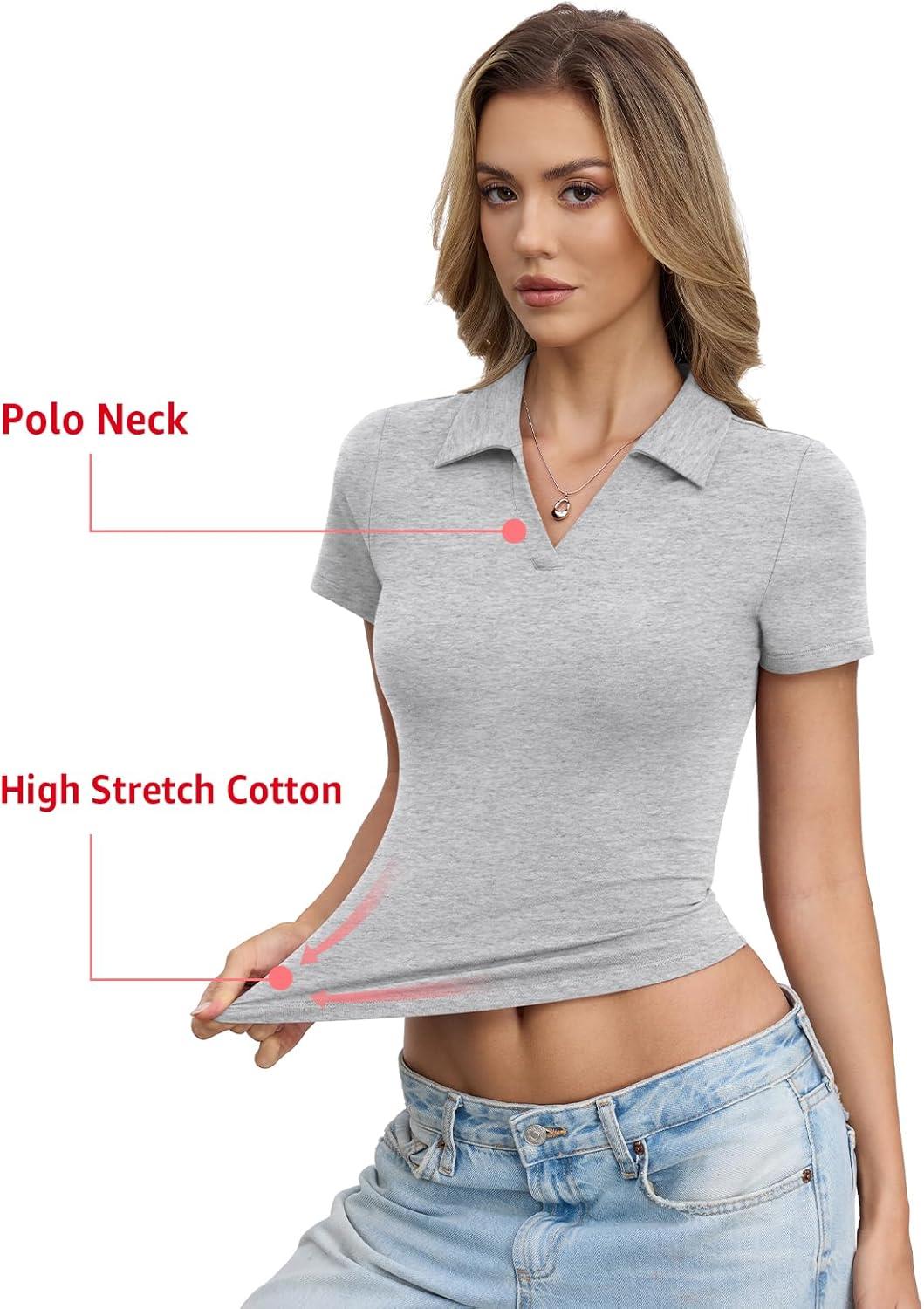 image:imageWomens Cotton Polo Shirts Short Sleeve V Neck Baby Tee Summer Going Out Tops Collared Business Casual OutfitsLight Heather Grey