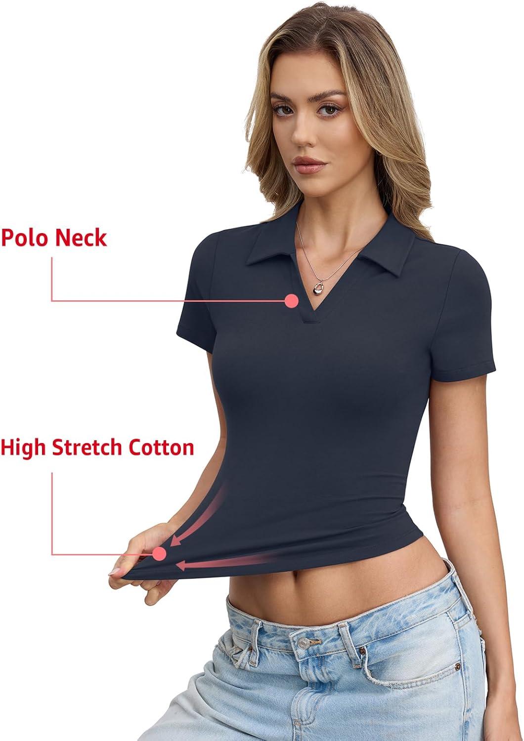 image:imageWomens Cotton Polo Shirts Short Sleeve V Neck Baby Tee Summer Going Out Tops Collared Business Casual OutfitsNavy Blue