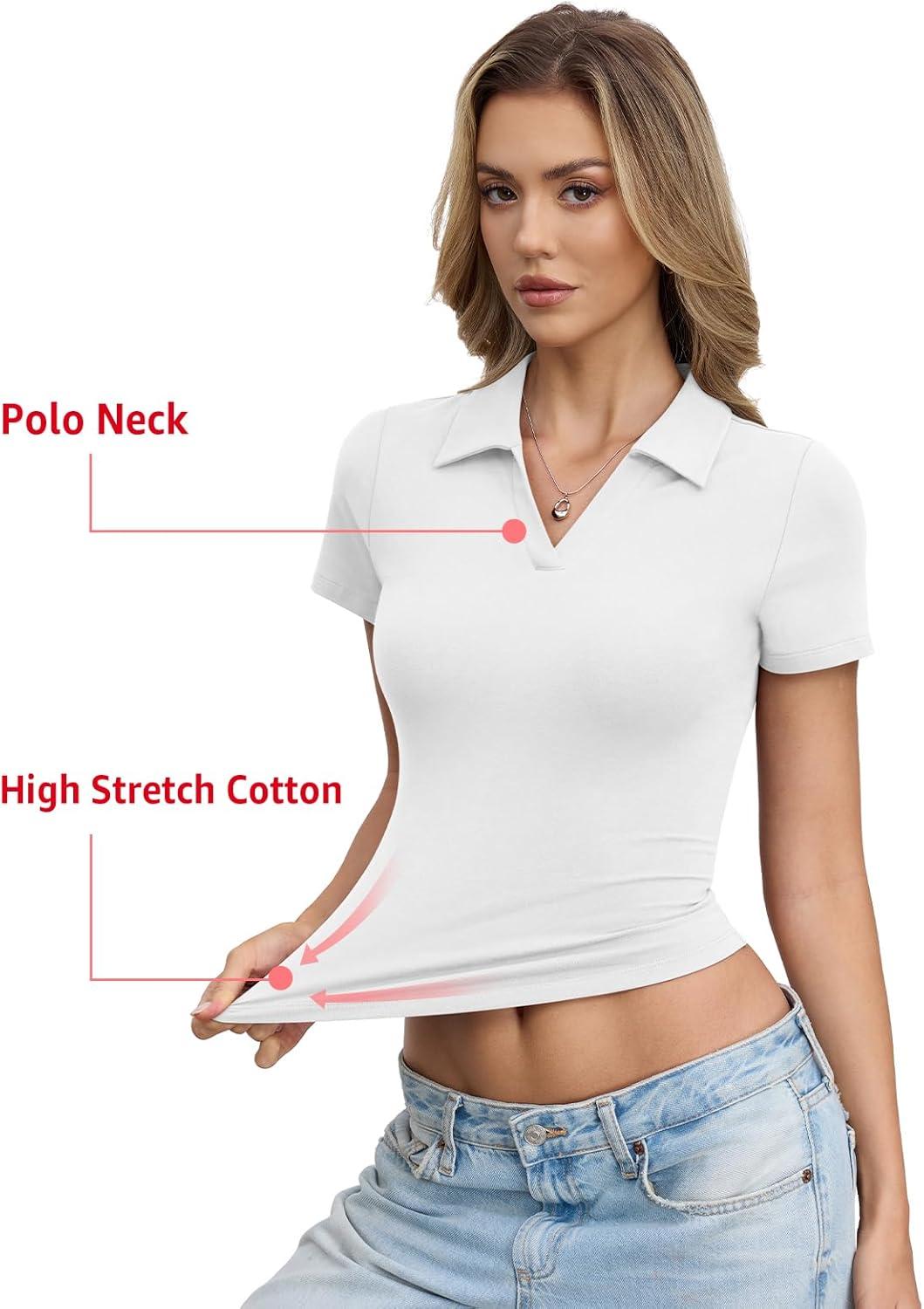 image:imageWomens Cotton Polo Shirts Short Sleeve V Neck Baby Tee Summer Going Out Tops Collared Business Casual OutfitsTrue White