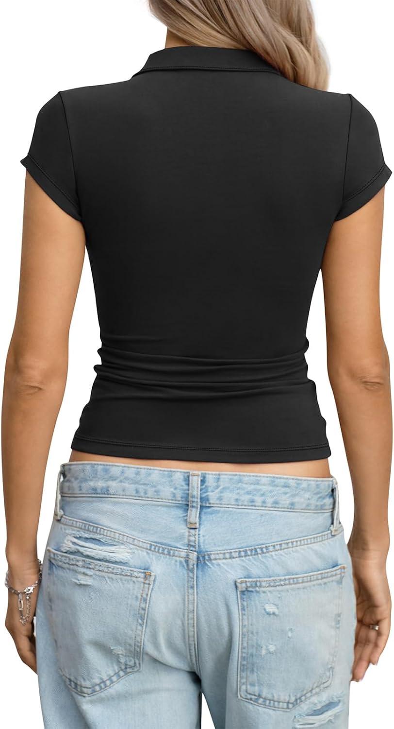 image:imageWomens Cotton Polo Shirts Summer Going Out Tops Cap Sleeve Collared V Neck Tee Business Casual Outfits 2026Black
