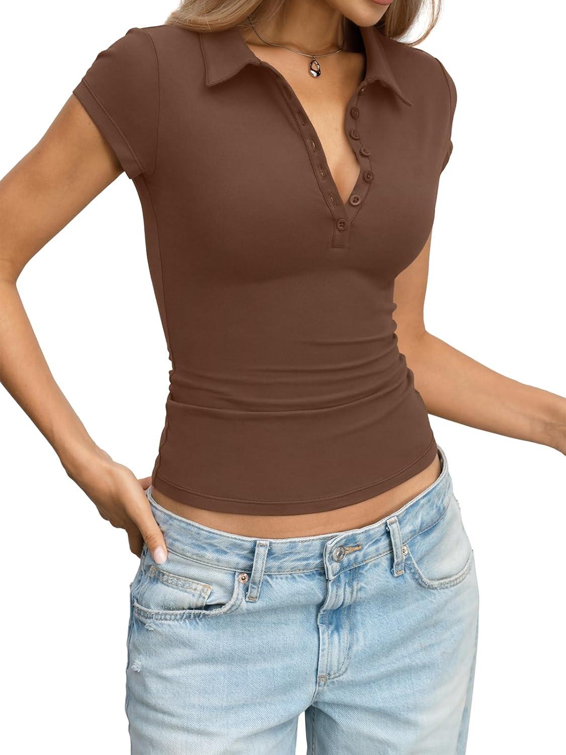 image:imageWomens Cotton Polo Shirts Summer Going Out Tops Cap Sleeve Collared V Neck Tee Business Casual Outfits 2026Brown