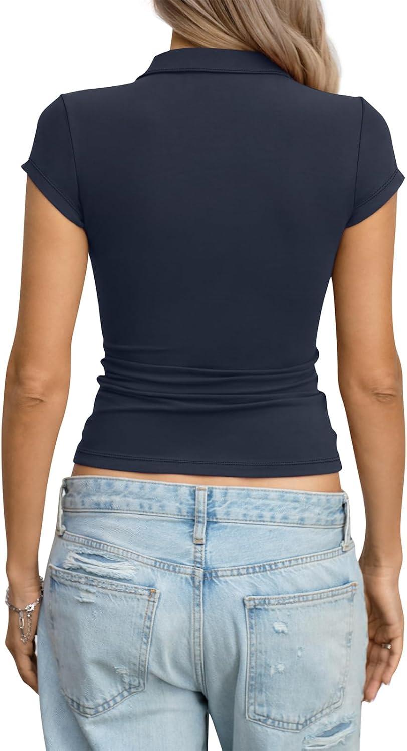 image:imageWomens Cotton Polo Shirts Summer Going Out Tops Cap Sleeve Collared V Neck Tee Business Casual Outfits 2026Navy Blue