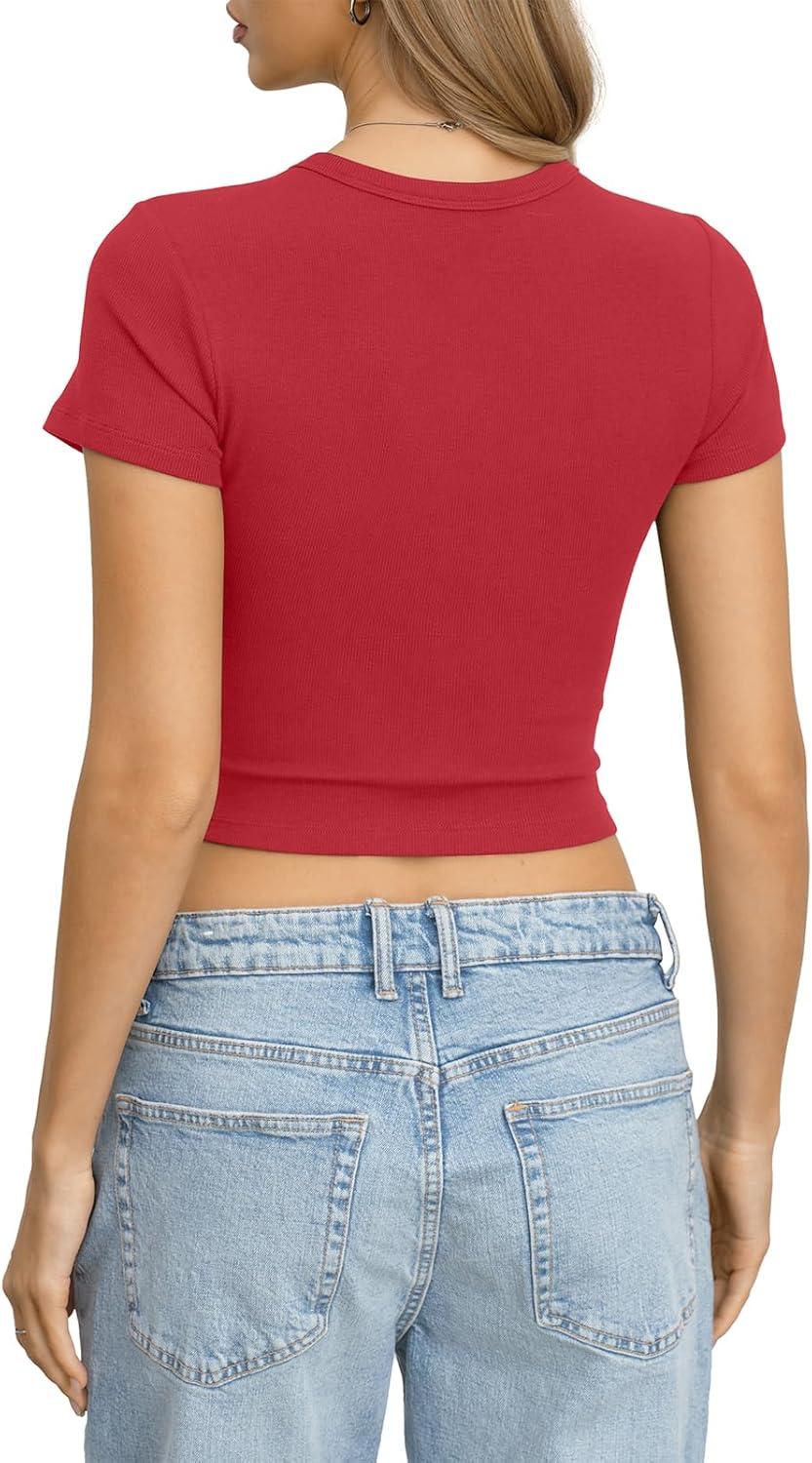 image:imageWomens Cotton Ribbed Short Sleeve Shirts Crop Tops Crew Neck Fitted Baby Tee Basic Summer Trendy Clothes 2026Red