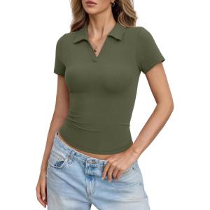 Womens Cotton Polo Shirts Short Sleeve V Neck Baby Tee Summer Going Out Tops Collared Business Casual Outfits(Army Green)