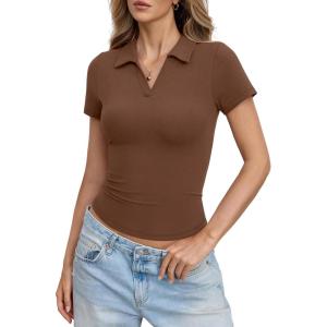 Womens Cotton Polo Shirts Short Sleeve V Neck Baby Tee Summer Going Out Tops Collared Business Casual Outfits(Brown)