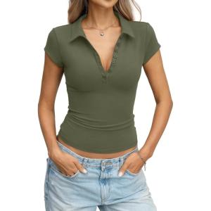 Womens Cotton Polo Shirts Summer Going Out Tops Cap Sleeve Collared V Neck Tee Business Casual Outfits 2026(Army Green)
