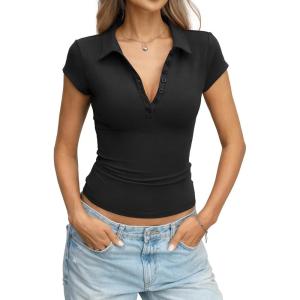 Womens Cotton Polo Shirts Summer Going Out Tops Cap Sleeve Collared V Neck Tee Business Casual Outfits 2026(Black)