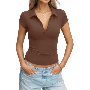 Womens Cotton Polo Shirts Summer Going Out Tops Cap Sleeve Collared V Neck Tee Business Casual Outfits 2026(Brown)