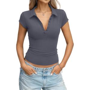 Womens Cotton Polo Shirts Summer Going Out Tops Cap Sleeve Collared V Neck Tee Business Casual Outfits 2026(Dark Grey)
