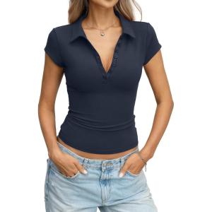 Womens Cotton Polo Shirts Summer Going Out Tops Cap Sleeve Collared V Neck Tee Business Casual Outfits 2026(Navy Blue)