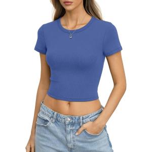 Womens Cotton Ribbed Short Sleeve Shirts Crop Tops Crew Neck Fitted Baby Tee Basic Summer Trendy Clothes 2026(Blue)