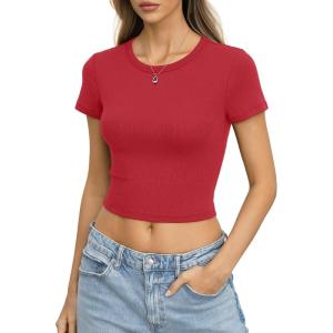 Womens Cotton Ribbed Short Sleeve Shirts Crop Tops Crew Neck Fitted Baby Tee Basic Summer Trendy Clothes 2026(Red)