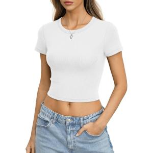 Womens Cotton Ribbed Short Sleeve Shirts Crop Tops Crew Neck Fitted Baby Tee Basic Summer Trendy Clothes 2026(White)